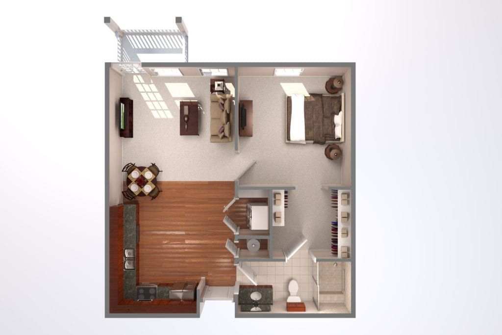 A floor plan of a one-bedroom apartment featuring a living room, kitchen, bathroom, and dining area.