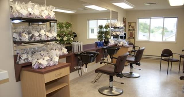 An empty hair salon with chairs and mirrors lined up, decorated with plants.
