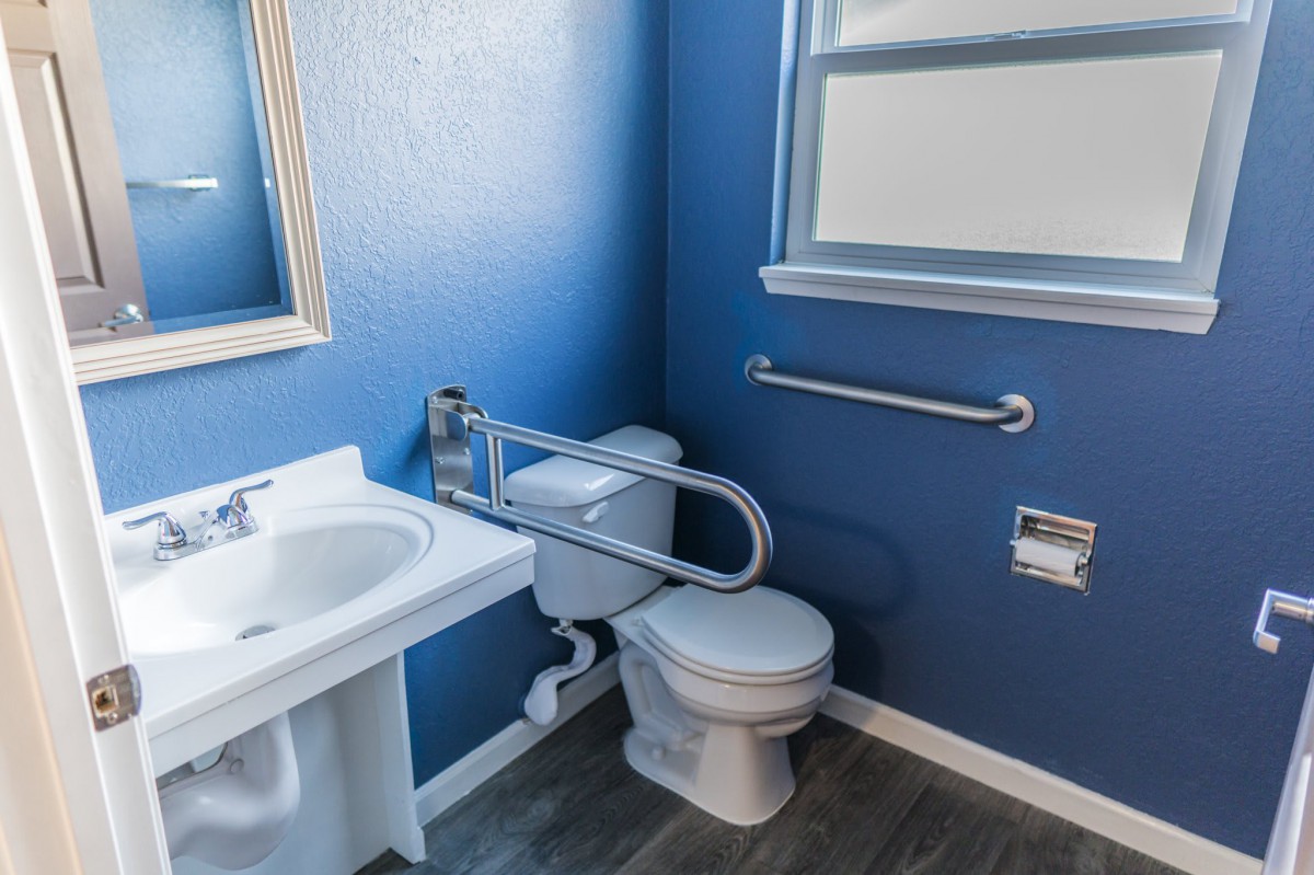 An accessible bathroom with blue walls, featuring a toilet, sink, and grab bars.
