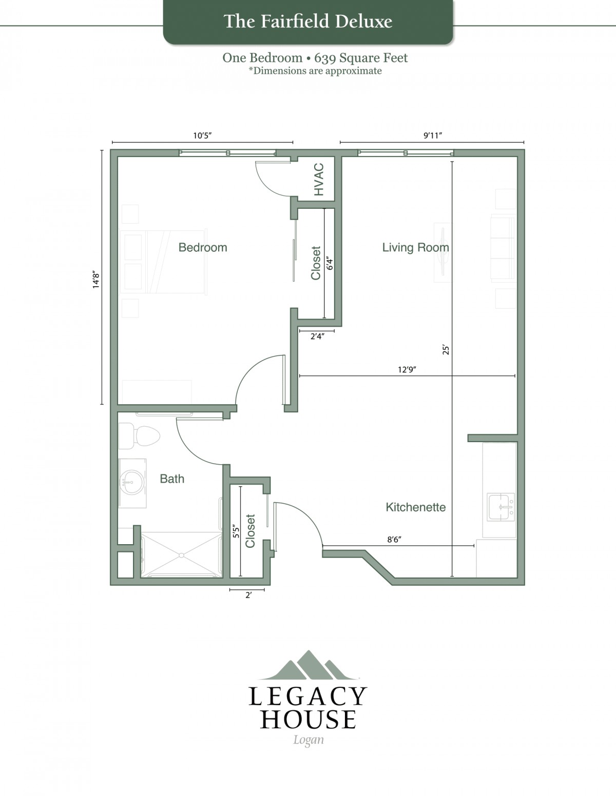 A floor plan illustrating the layout of an apartment with one bedroom and a living room.