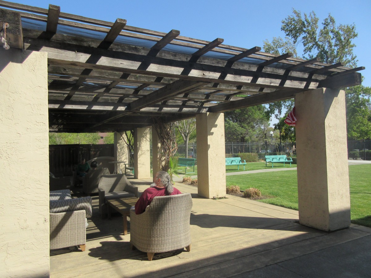 A sunny patio with comfortable outdoor seating under a pergola, overlooking a serene garden area.