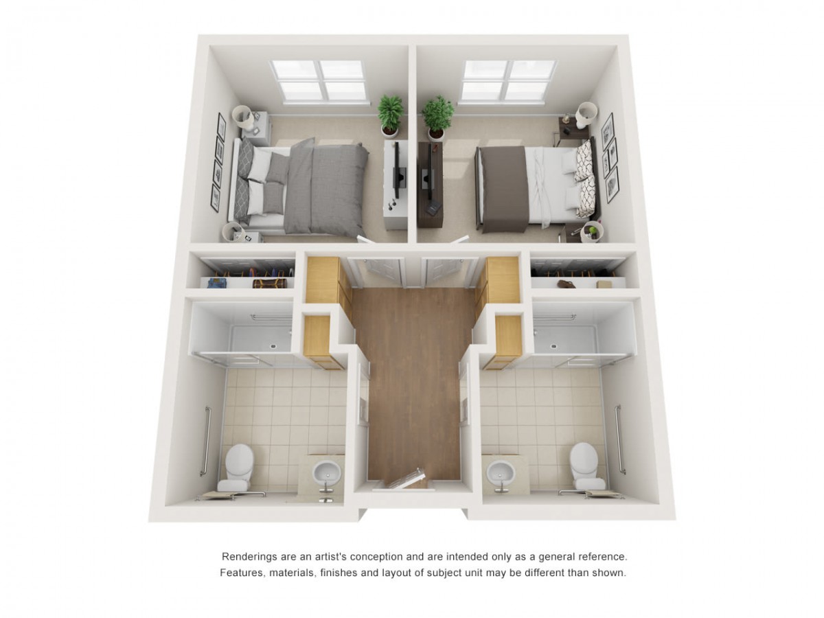 A 3D rendered floor plan of a two-bedroom apartment with shared bathrooms.