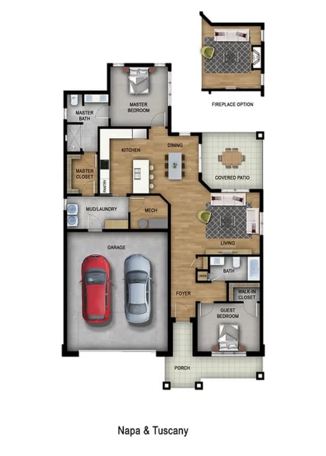 A detailed floor plan of a house featuring a garage, kitchen, living room, and multiple bedrooms.