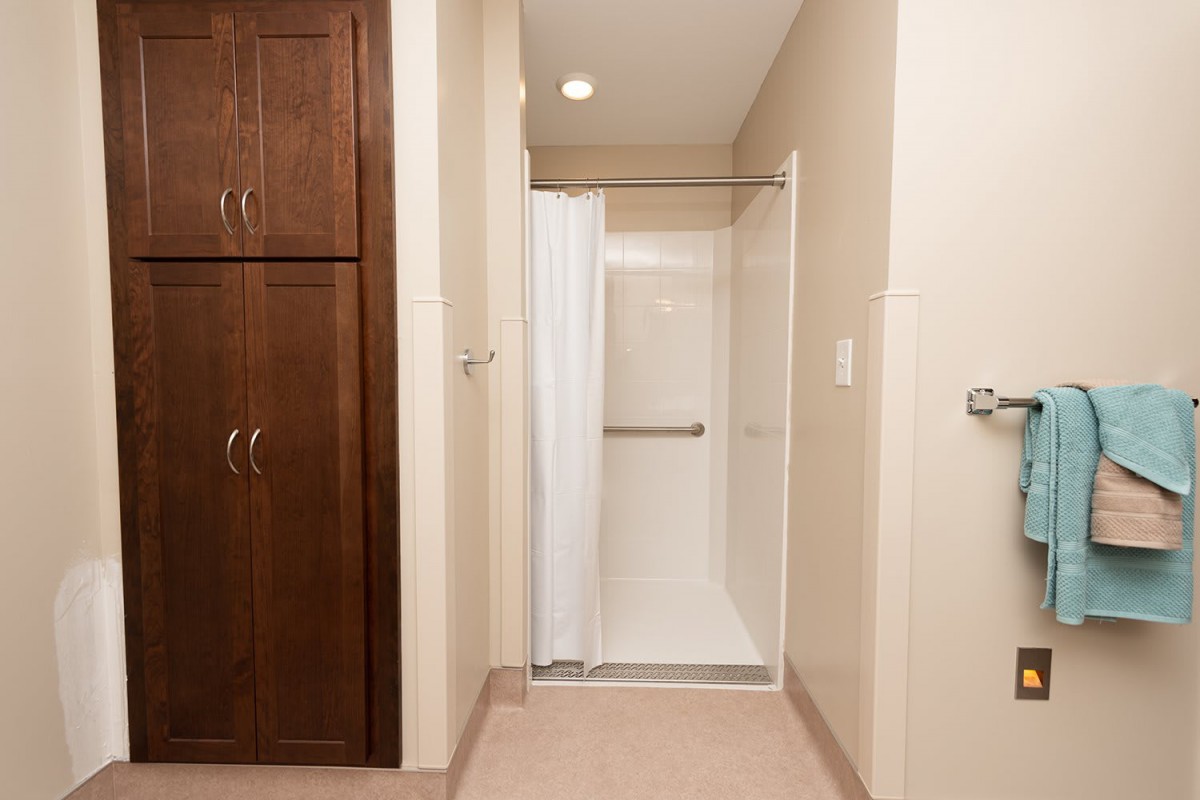 A clean and modern bathroom with a walk-in shower and built-in cabinets.
