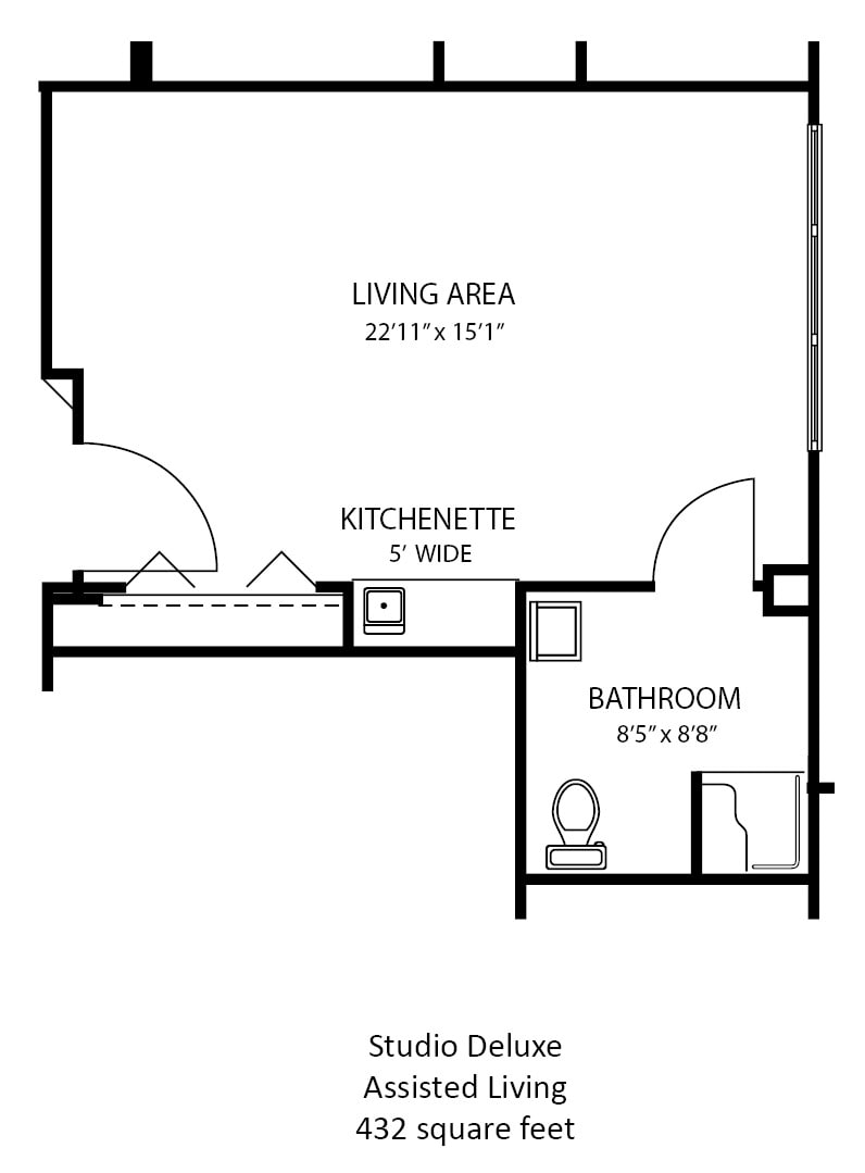 Floor plan of an apartment featuring a living area, kitchenette, and bathroom.