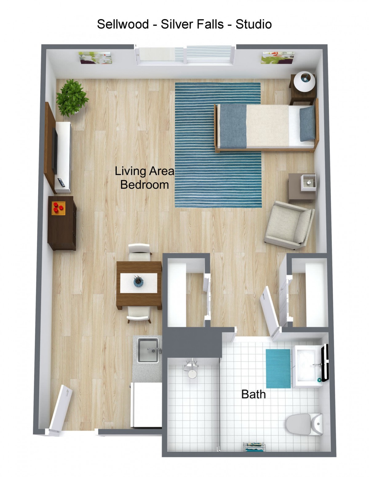 A studio apartment floor plan showing a combined living and bedroom area with an adjacent bathroom.