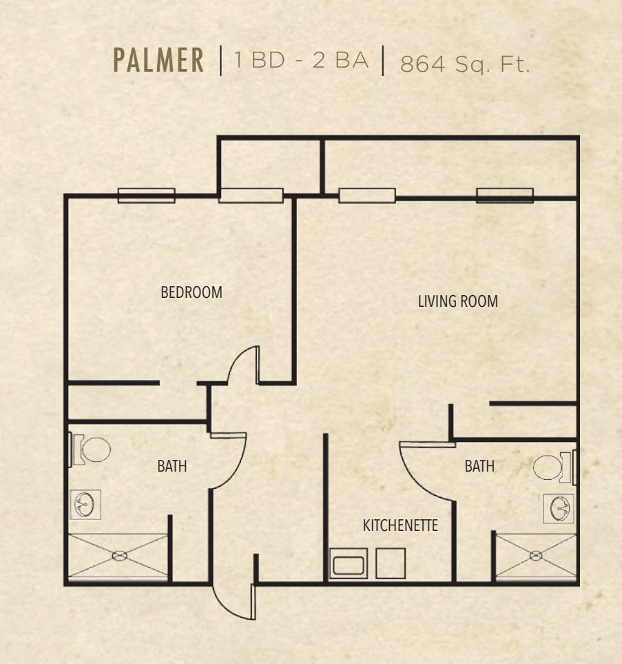 Floor plan of a one-bedroom, one-bathroom apartment layout.