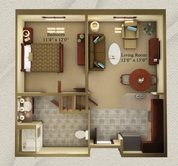 A detailed floor plan of a one-bedroom apartment featuring a living room, kitchen, and bathroom.