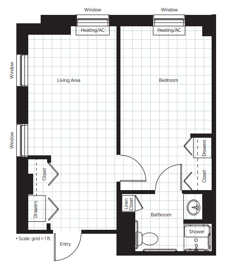 A floor plan showing the layout of a one-bedroom apartment with a living area, bathroom, and kitchen.