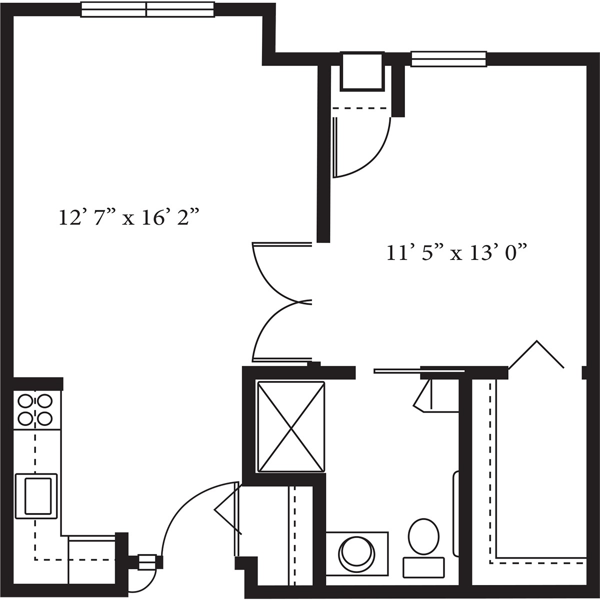 One-bedroom apartment floor plan with labeled dimensions.