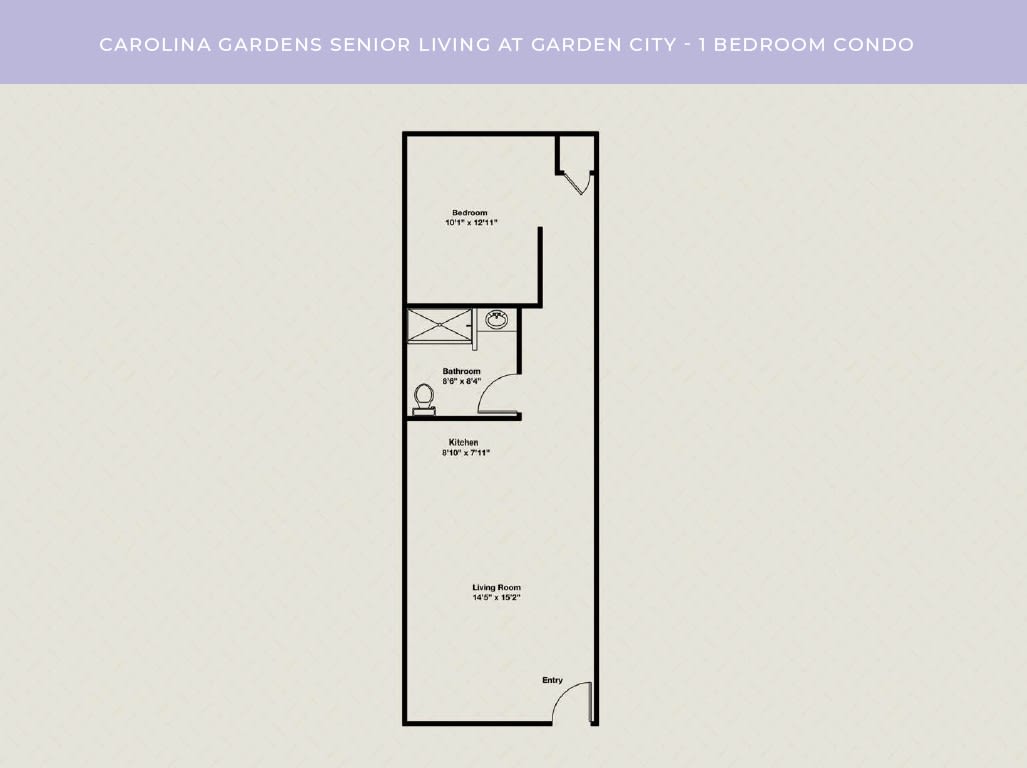 A floor plan of a one-bedroom apartment featuring an open kitchen, living area, and bathroom.