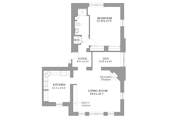 A floor plan detailing the layout of a residential space, including a bedroom, kitchen, living room, and den.