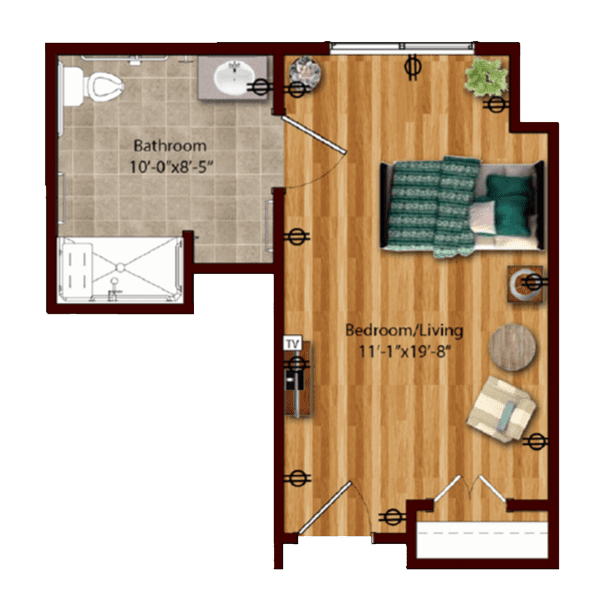 A compact floor plan of a studio apartment showcasing the layout with a kitchen area and living space.