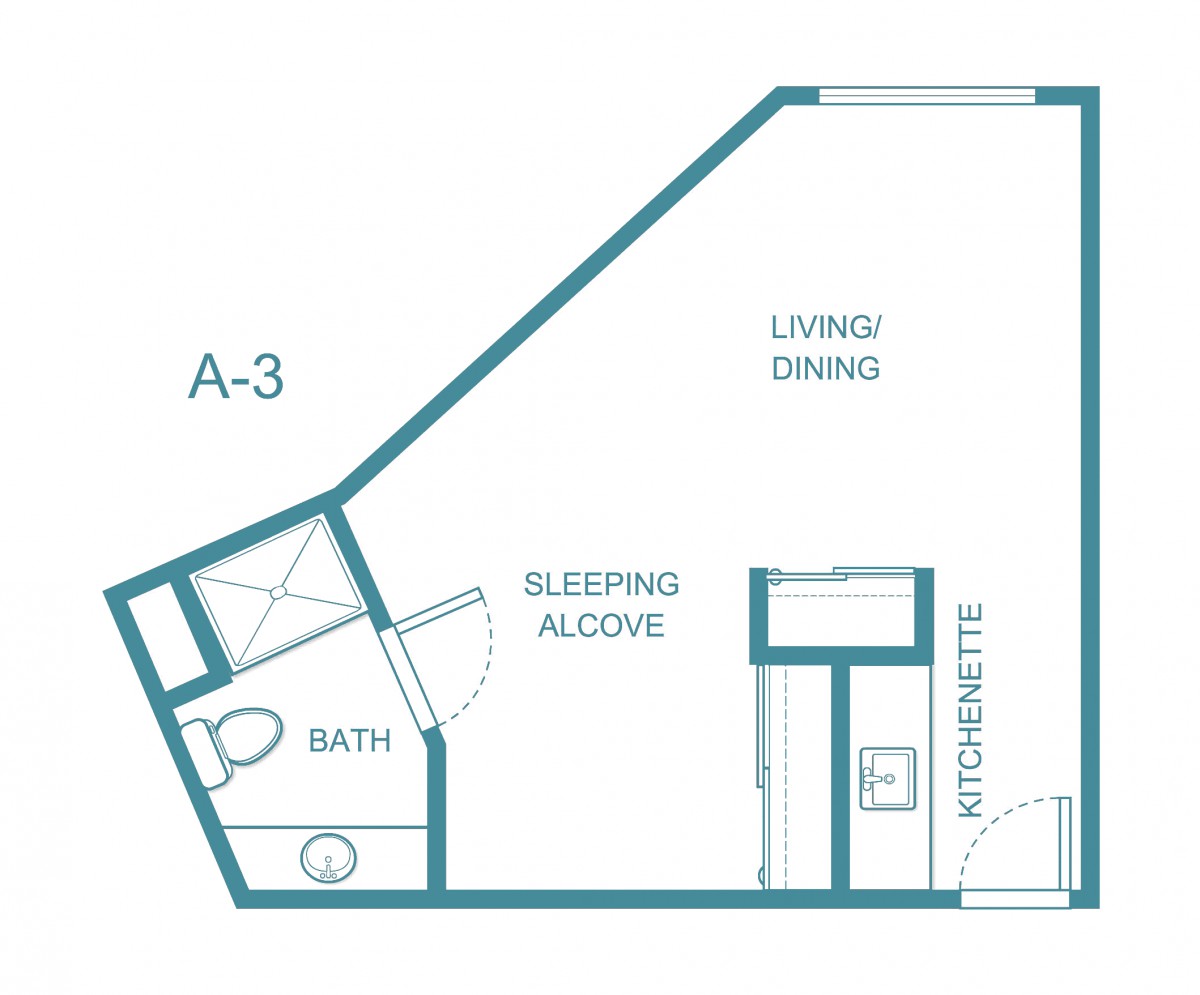 Studio apartment floor plan with labeled areas for living, dining, sleeping alcove, kitchen, and bath.