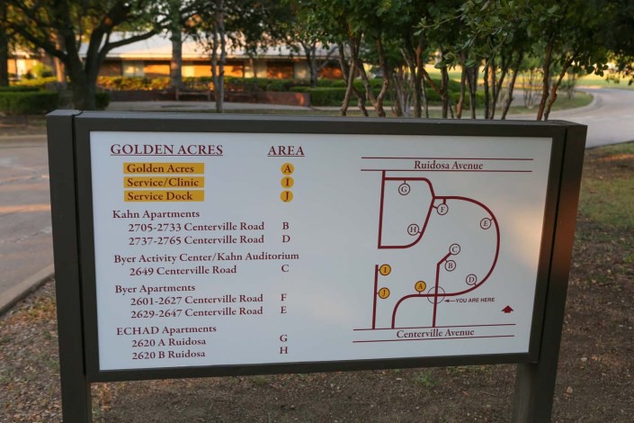 A directory map showing the layout of the Golden Acres area with marked locations such as residence halls and offices.
