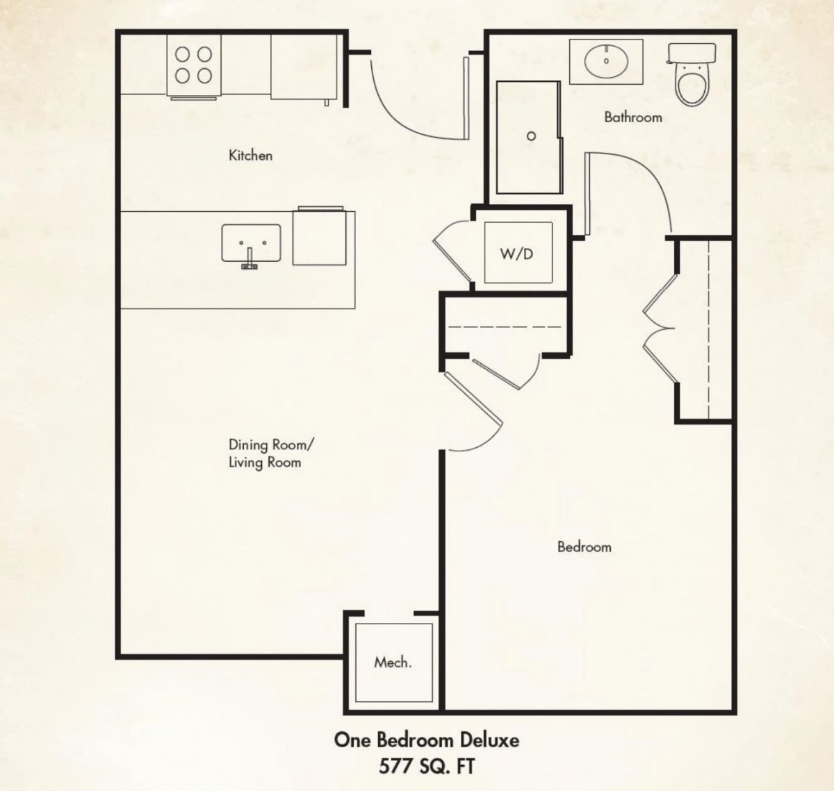 One-bedroom deluxe apartment floor plan with dining and living areas.