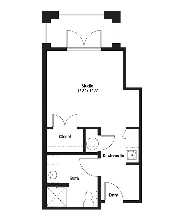 Studio apartment floor plan with designated areas for living, kitchen, bathroom, and closet.