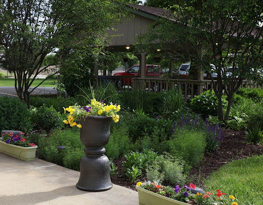 A serene garden setting featuring vibrant flowers in decorative planters.
