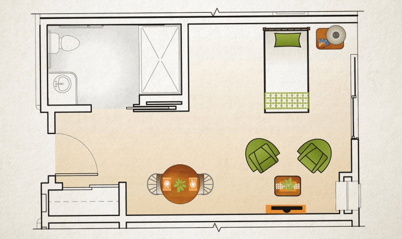 A detailed floor plan showing a living area with furniture arrangements, including a bed, chairs, and tables.