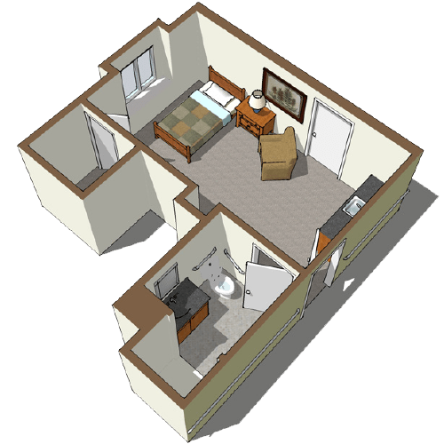 A 3D rendering of a small apartment floor plan, featuring a bedroom and bathroom.