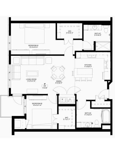 A detailed floor plan of an apartment showcasing the layout of rooms and furniture.