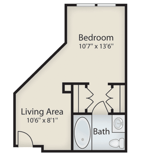 A floor plan of a compact apartment featuring one bedroom, a living area, and a bathroom.