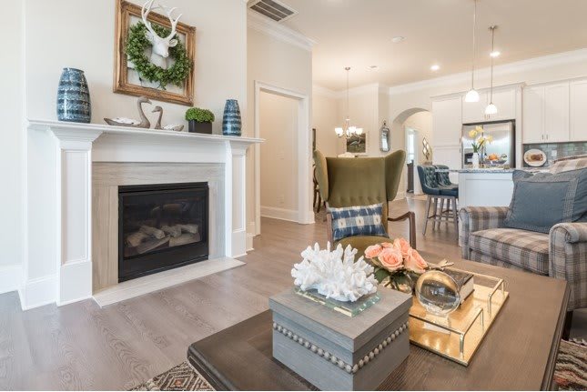 A modern living room with a cozy fireplace and stylish decor.