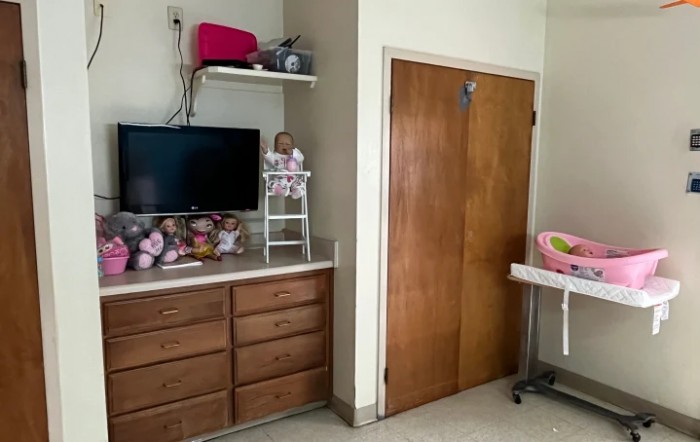 A cozy nursery featuring a television, dolls on a shelf, wooden drawers, and a crib.