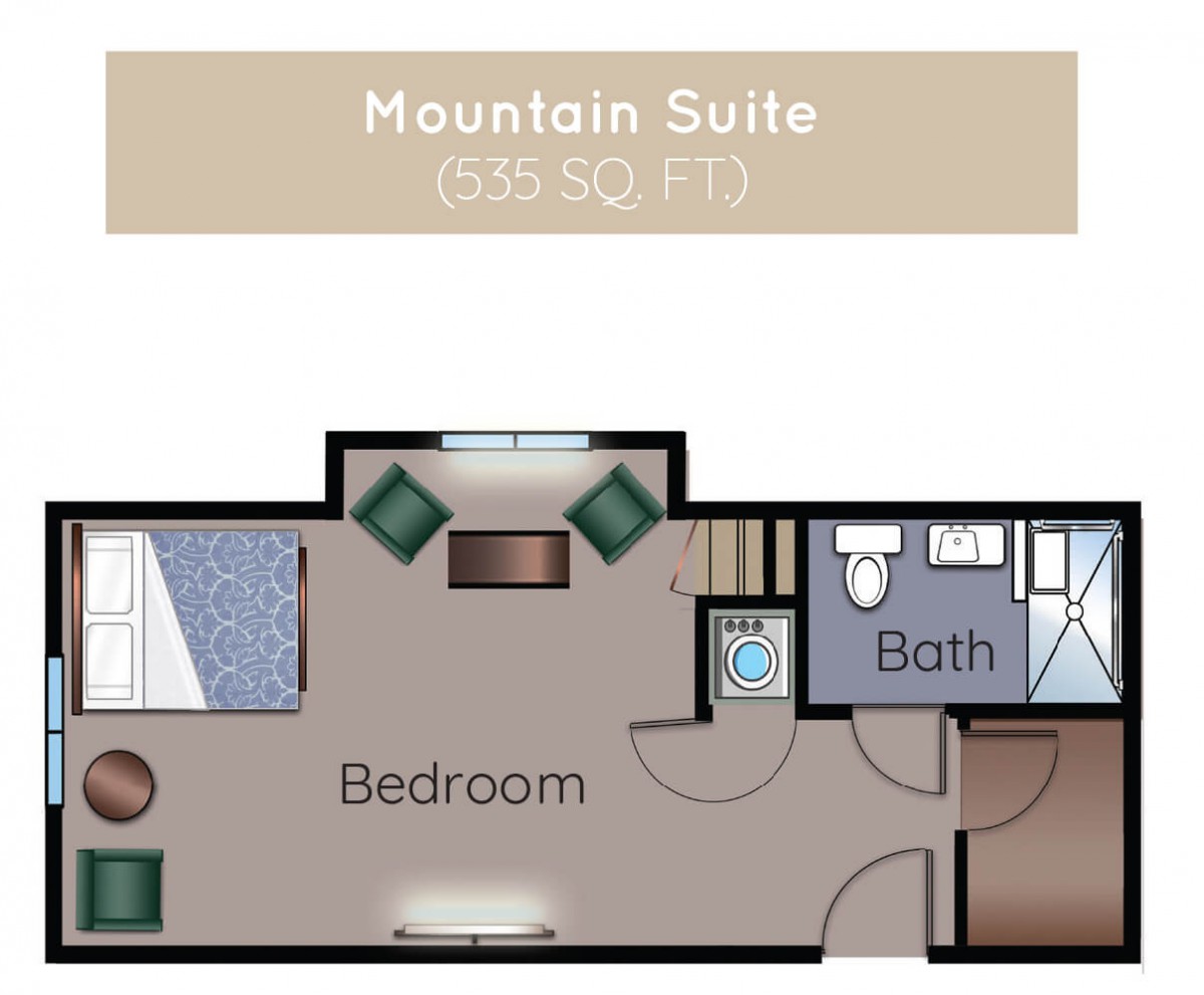 Floor plan of a Mountain Suite with a bedroom and bathroom.