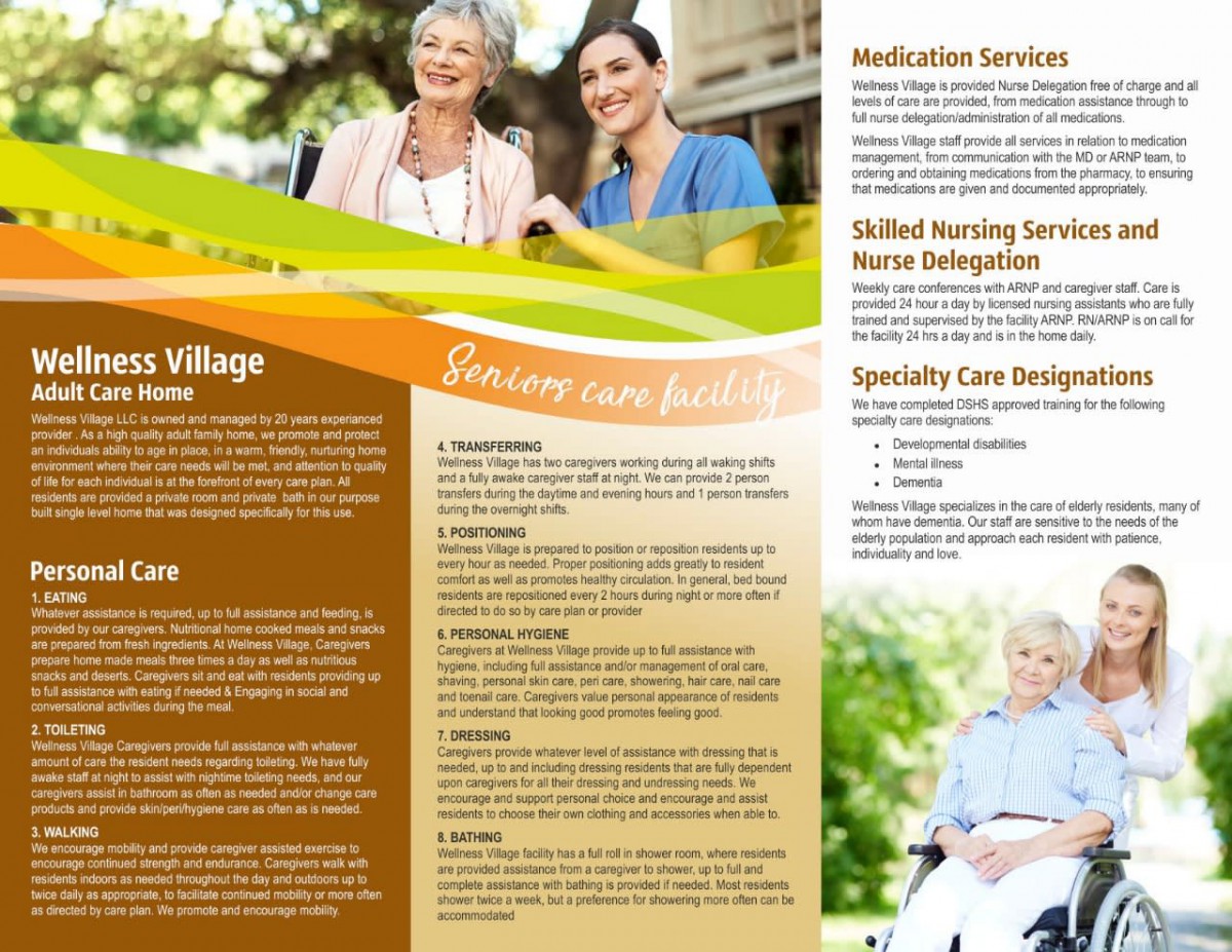 A brochure promoting senior and elderly care services, highlighting various healthcare and nursing options.
