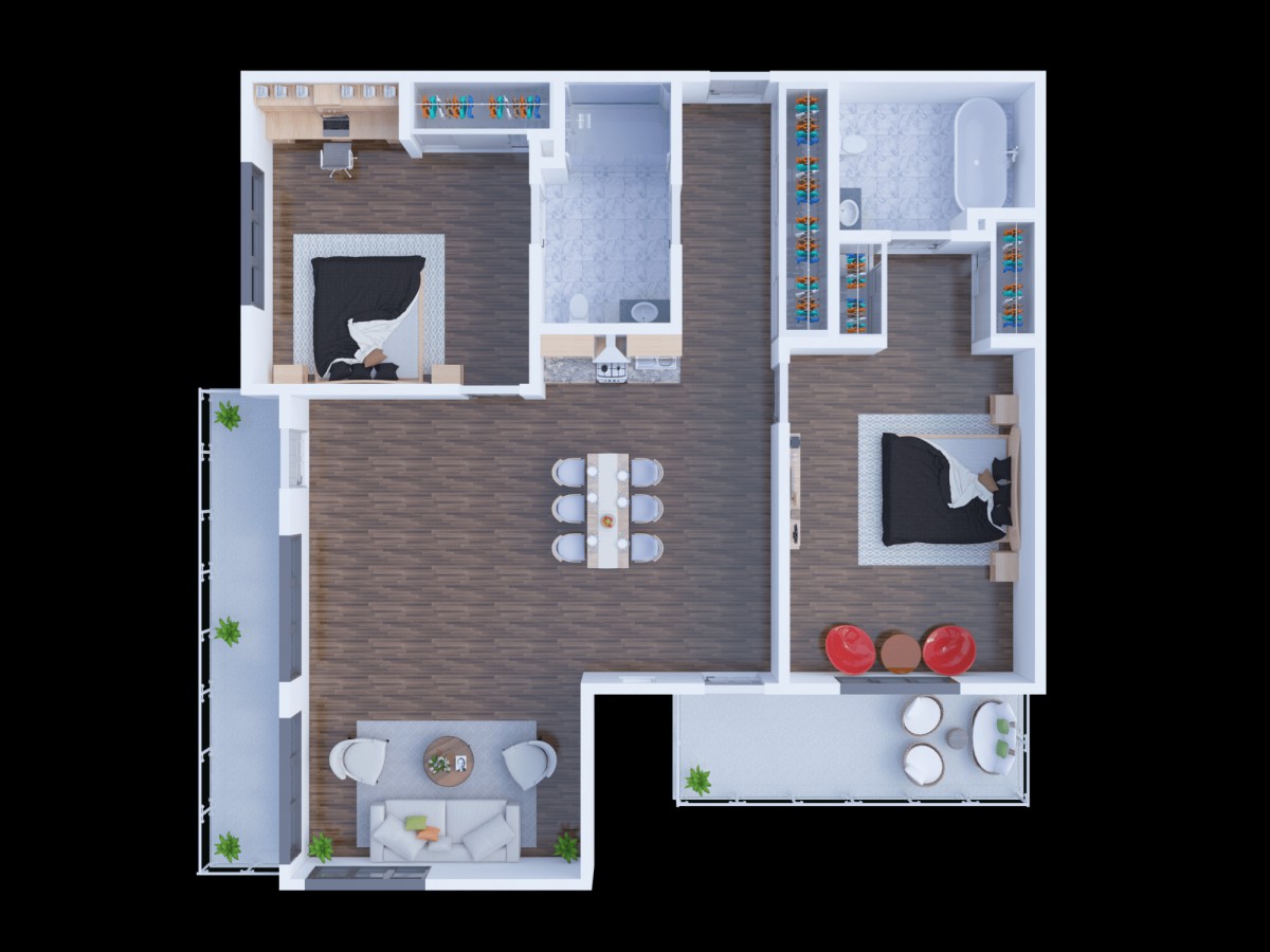 This image depicts a detailed floor plan of an apartment, showcasing the layout and arrangement of various rooms and furniture.