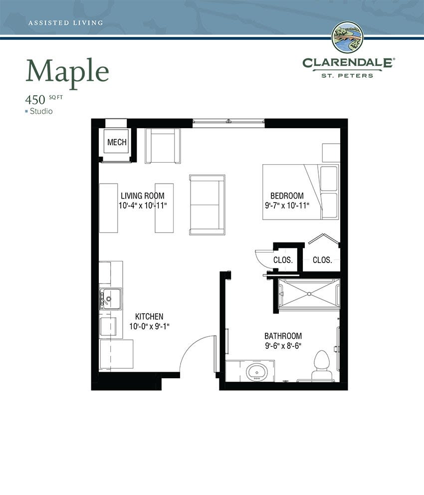 Studio apartment floor plan with designated living and dining areas.