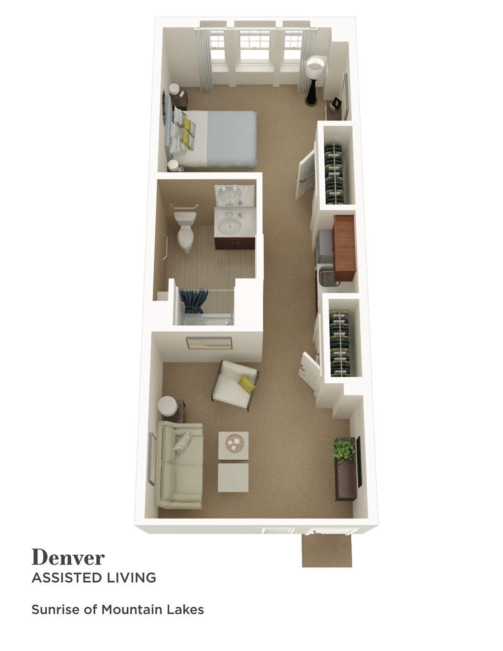 A 3D floor plan of a one-bedroom apartment featuring a living room, kitchen, bathroom, and bedroom.
