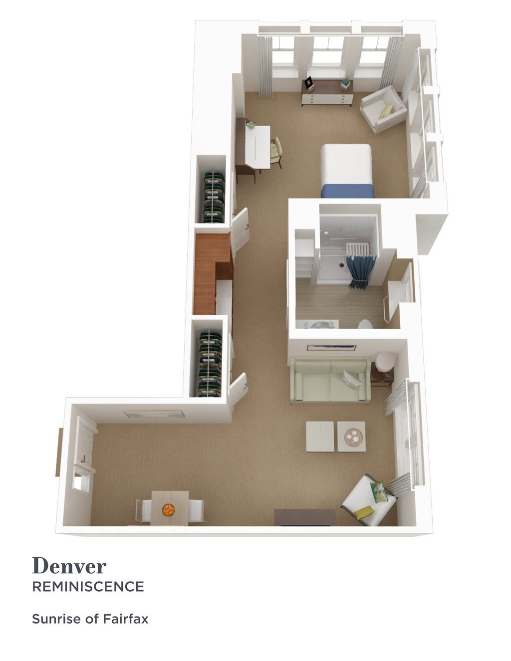 A 3D layout of a one-bedroom apartment showcasing the living room, bedroom, kitchen, and bathroom.
