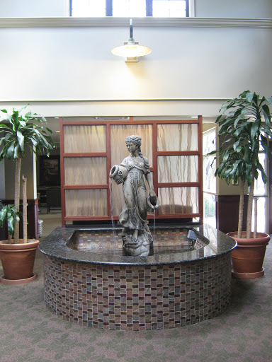 A decorative indoor fountain featuring a statue, surrounded by potted plants.
