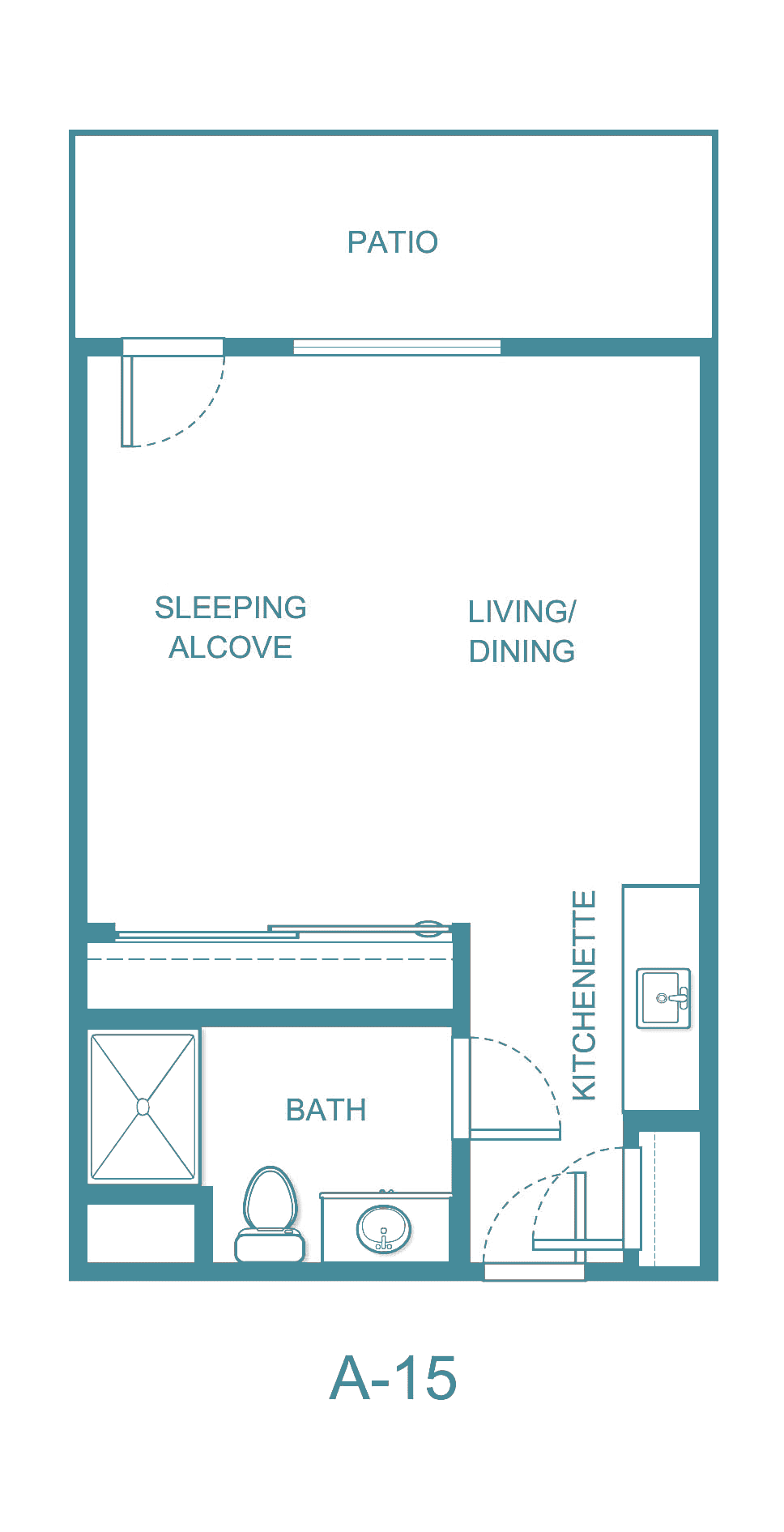 Studio apartment floor plan with sleeping alcove, living/dining area, kitchenette, and bath.