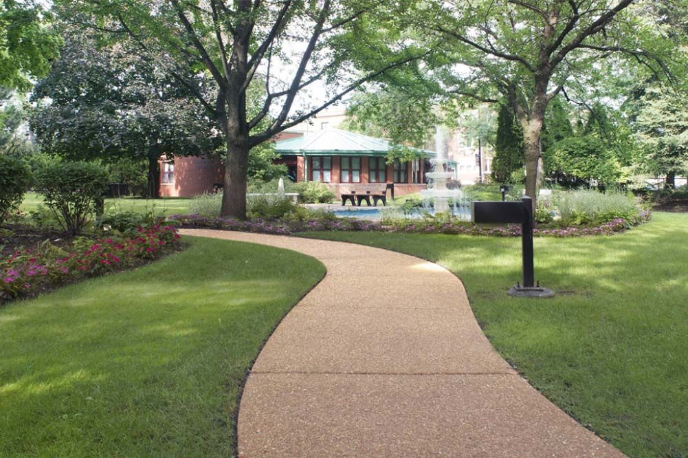 A peaceful garden pathway surrounded by lush greenery and trees.
