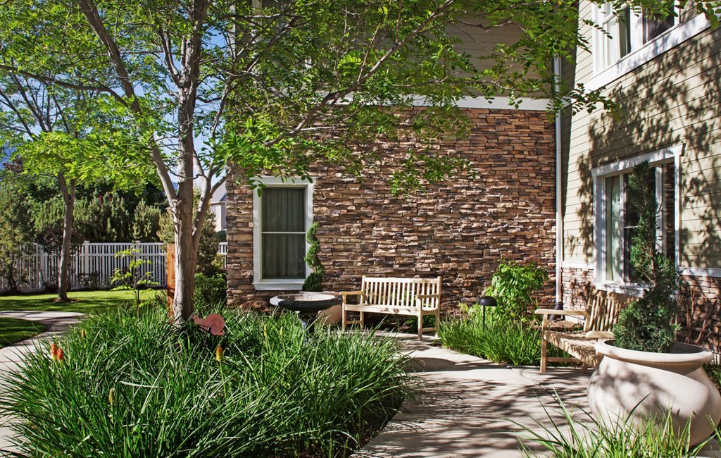 A peaceful garden area with a bench beside a brick wall, surrounded by lush greenery and a tree.