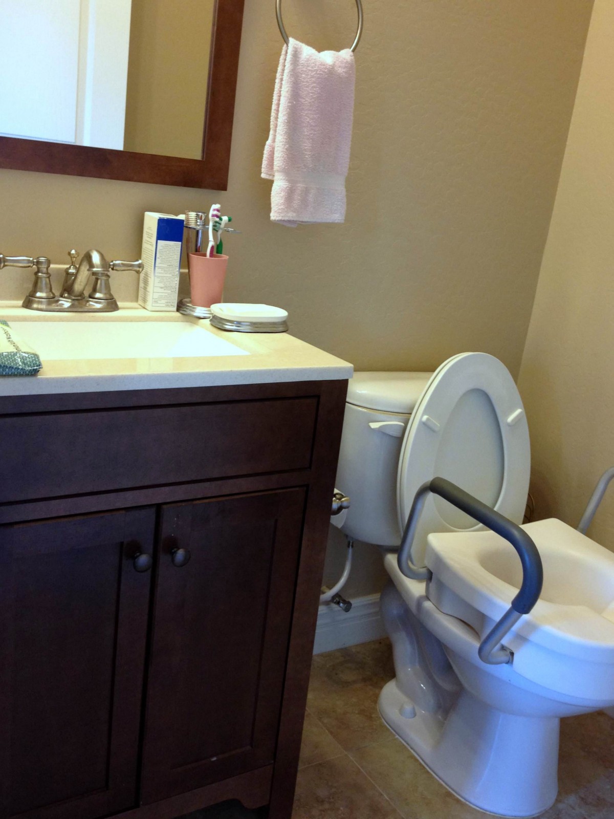 A bathroom featuring a toilet with a handrail, a sink with a vanity, and a mirror above.