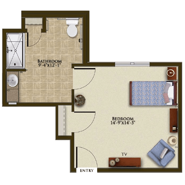 A simple floor plan of a one-bedroom apartment featuring a bedroom, living area, and bathroom.
