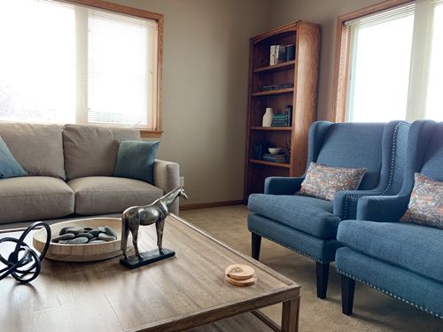 A cozy living room with a sofa, armchair, and coffee table, complemented by bookshelves and natural light.