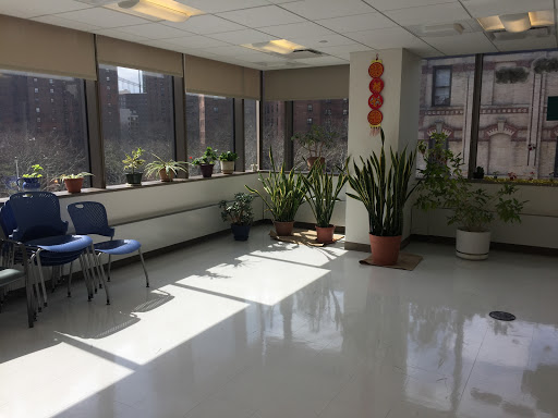 A well-lit waiting area with plants, featuring clean floors and comfortable seating.