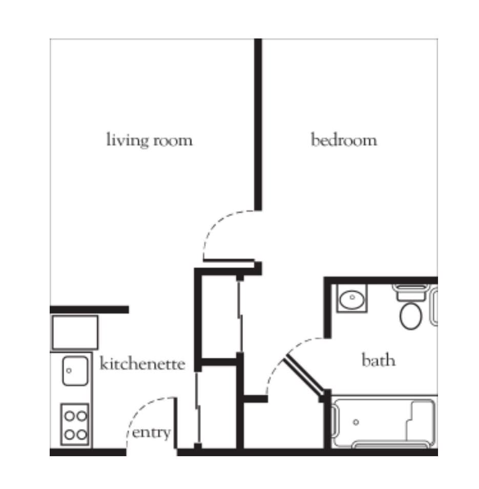 A basic floor plan of an apartment showing the layout of the living room, bedroom, kitchen area, and bathroom.