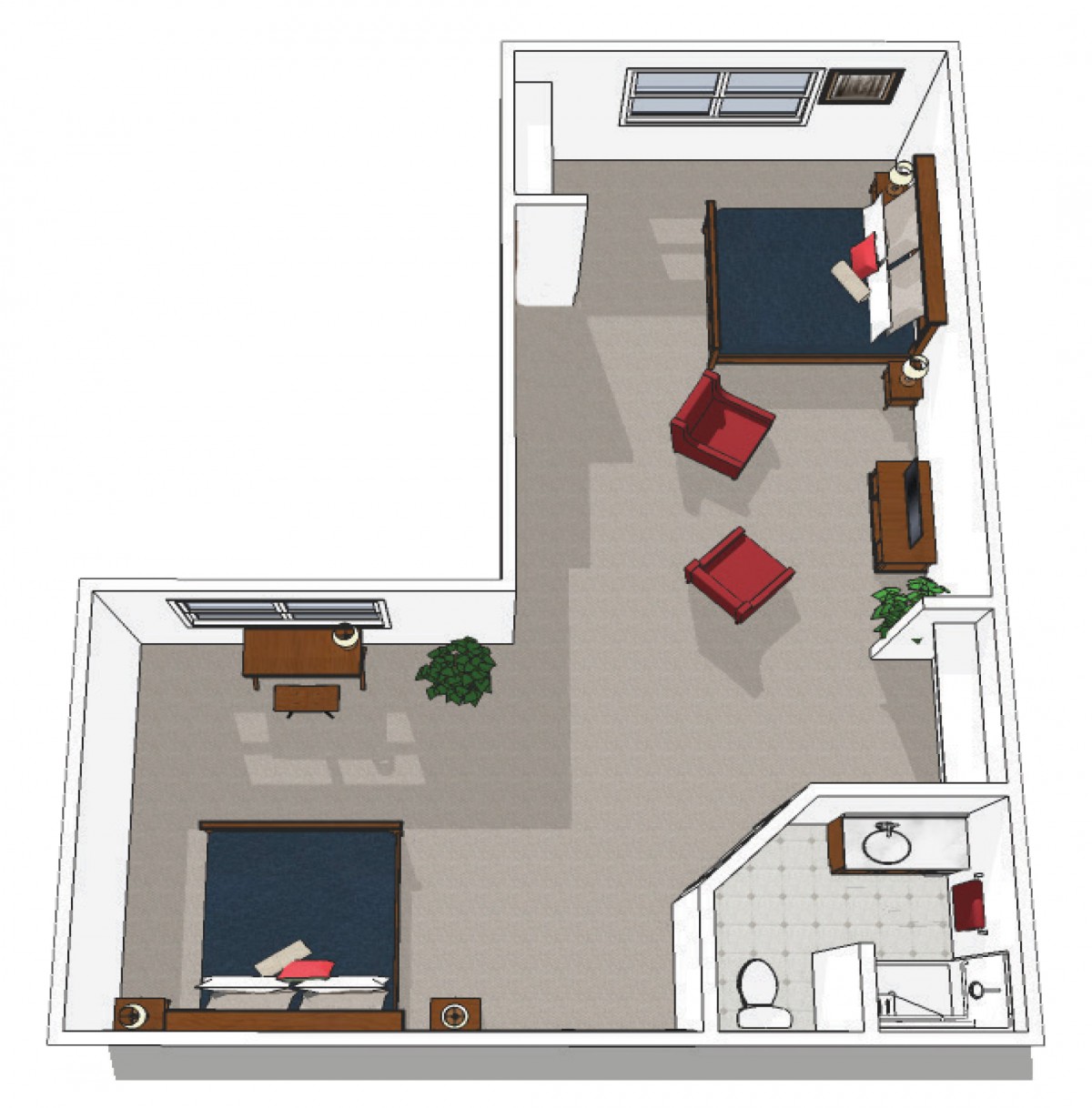 A 3D floor plan of an apartment with two bedrooms, a living area, and a bathroom.