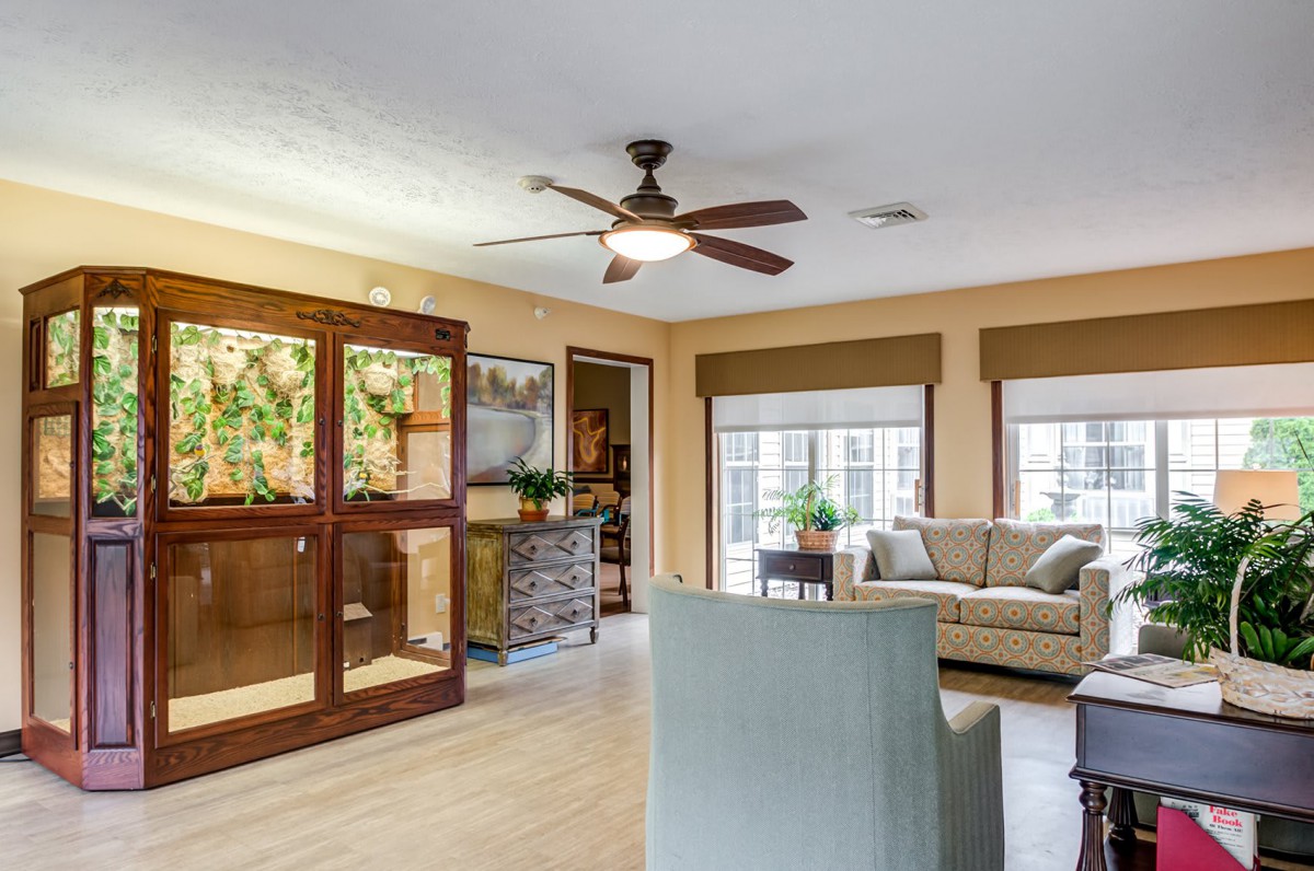 A cozy living room with comfortable seating, a ceiling fan, and large windows letting in natural light.