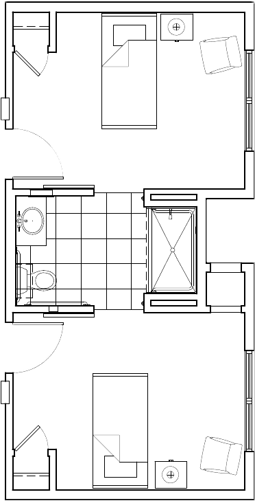 A floor plan of a bathroom featuring a sink, toilet, and bathtub layout.