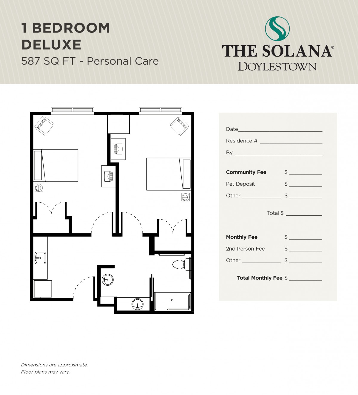 Floor plan of a 1 Bedroom Deluxe unit at The Solana Doylestown, featuring assisted living layout and amenities.