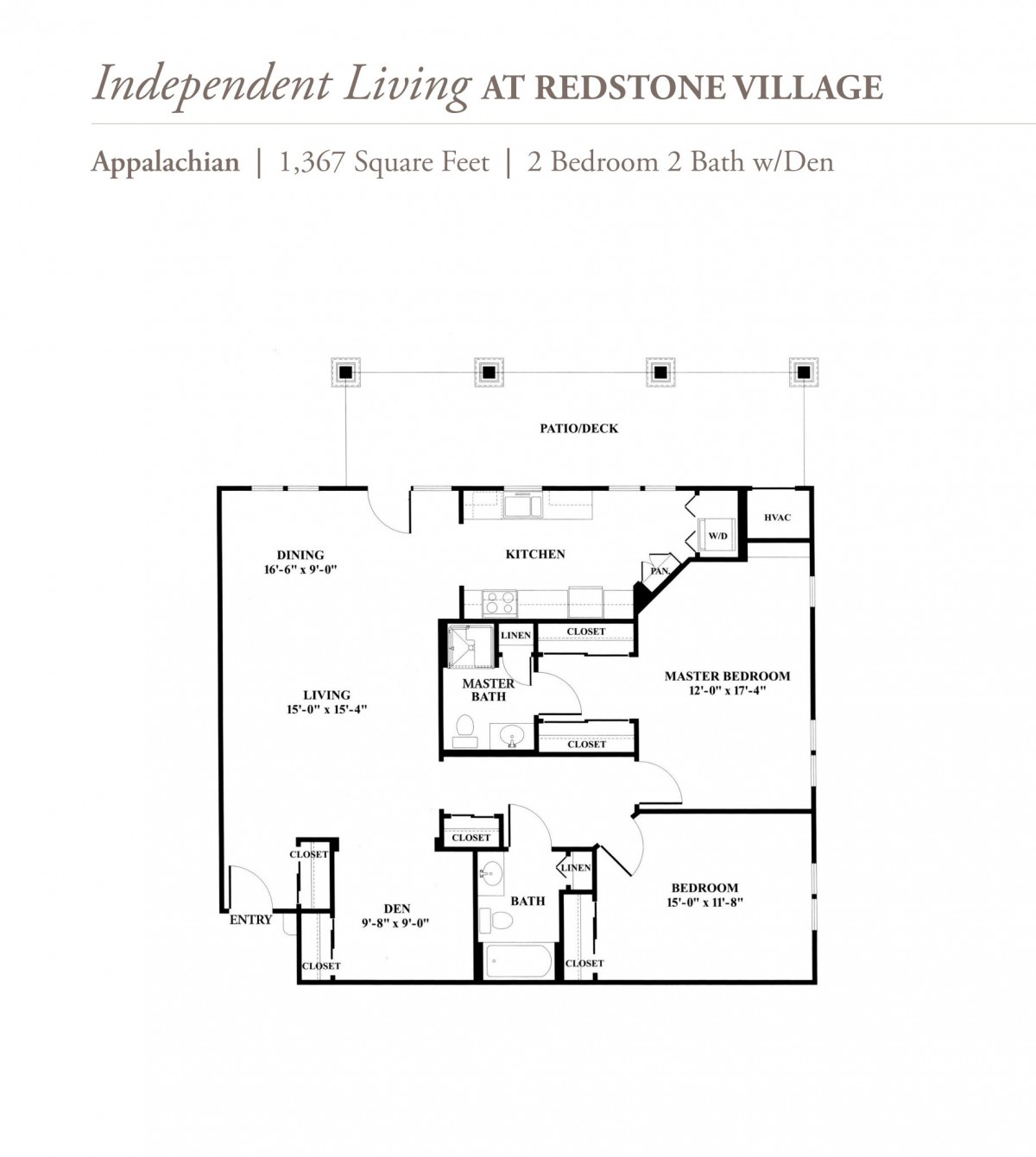 Floor plan of a two-bedroom, two-bathroom apartment for independent living at Redstone Village.