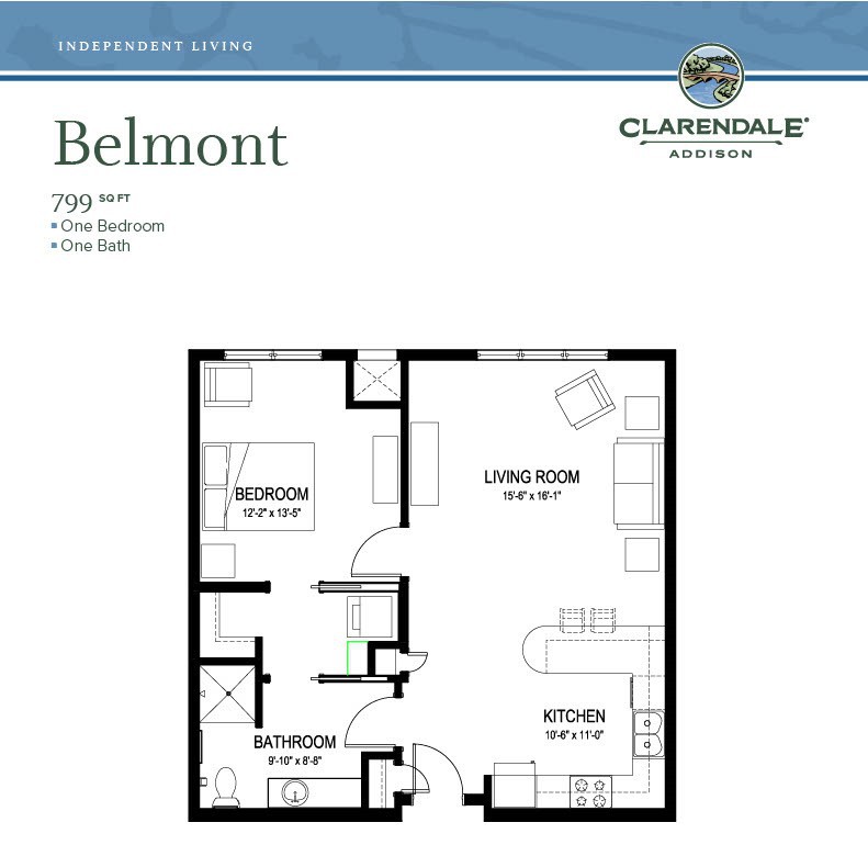 Floor plan of the Belmont apartment at Clarendale, showing a two-bedroom layout with a living room and kitchen area.