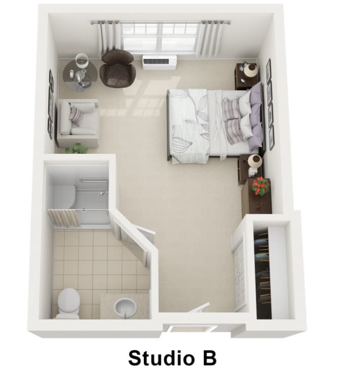 3D floor plan of a studio apartment featuring a bedroom and bathroom.
